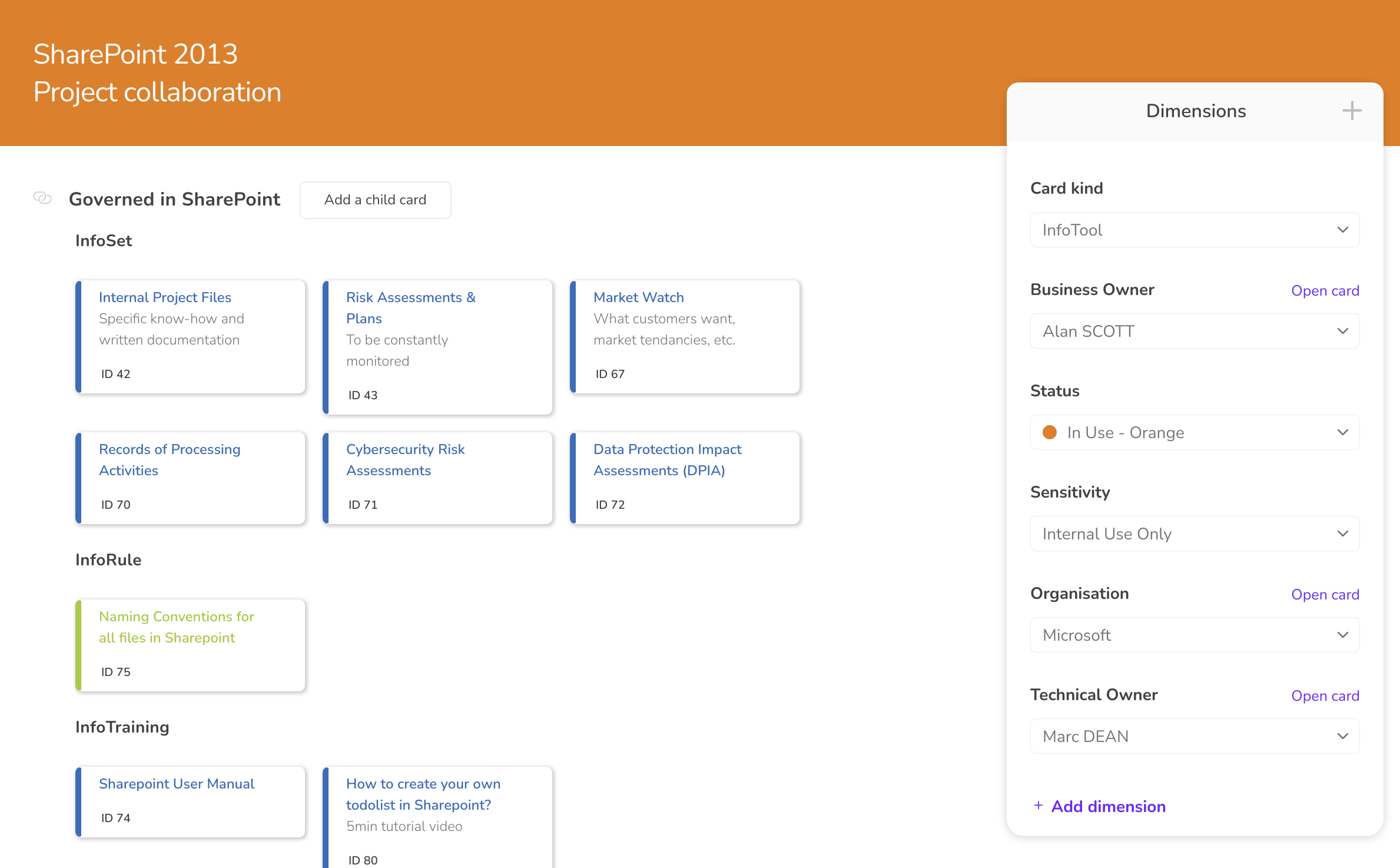 A tool card documents all details and related info sets, rules and people