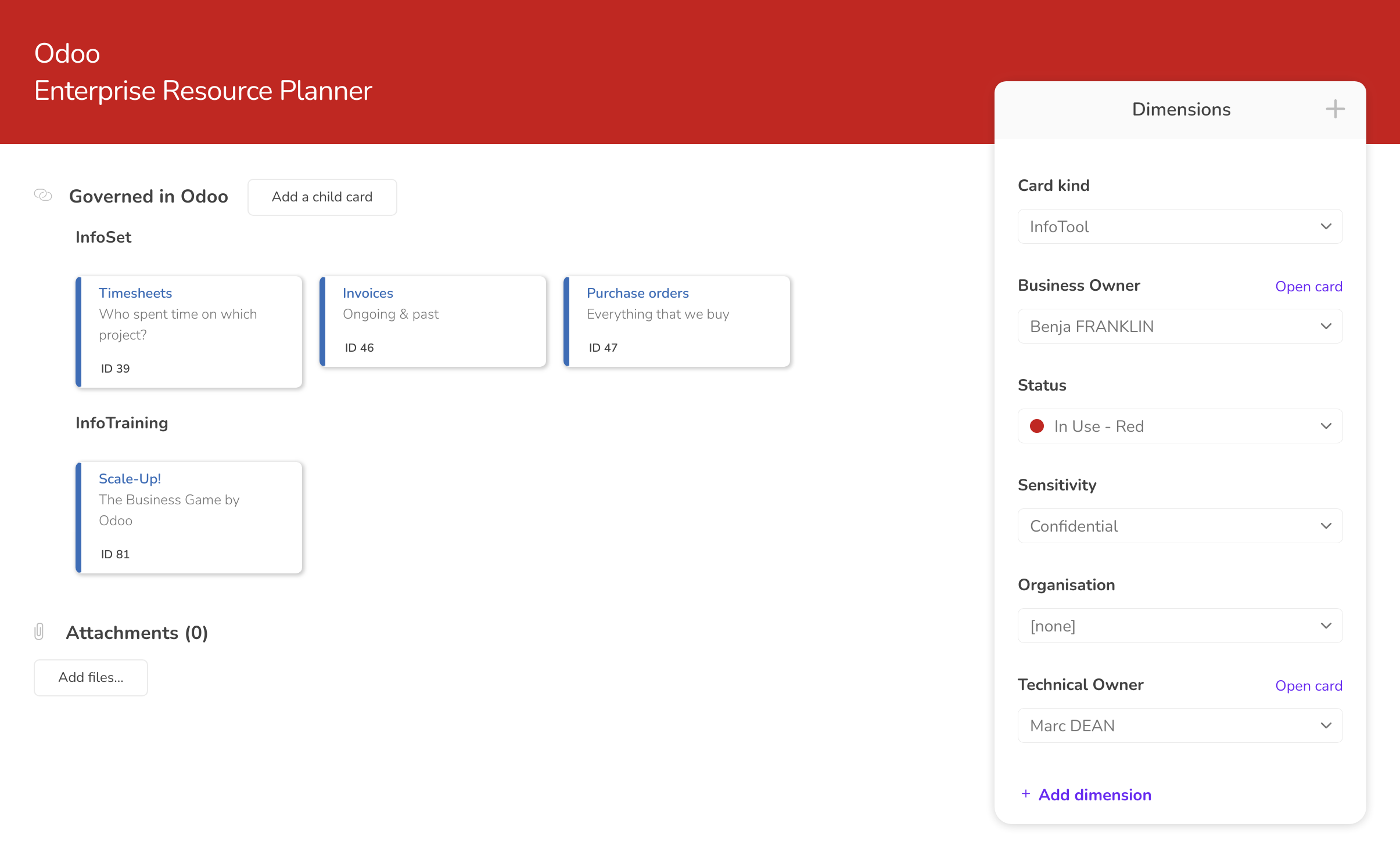 The card here documents information managed in Odoo ERP